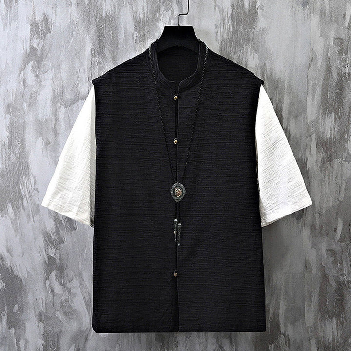 Buddha Stones Summer Patchwork Color Design Men's Half Sleeve Cotton Linen Shirt - Black - US/UK/AU48，EU58 (6XL) - image 2