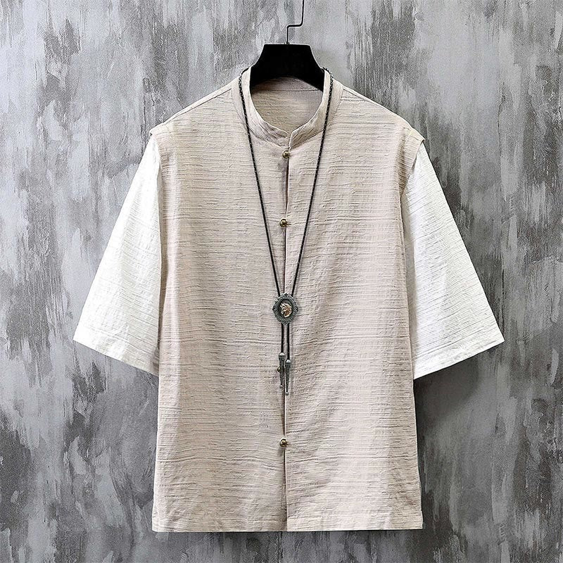 Buddha Stones Summer Patchwork Color Design Men's Half Sleeve Cotton Linen Shirt - Linen - US/UK/AU48，EU58 (6XL) - image 0