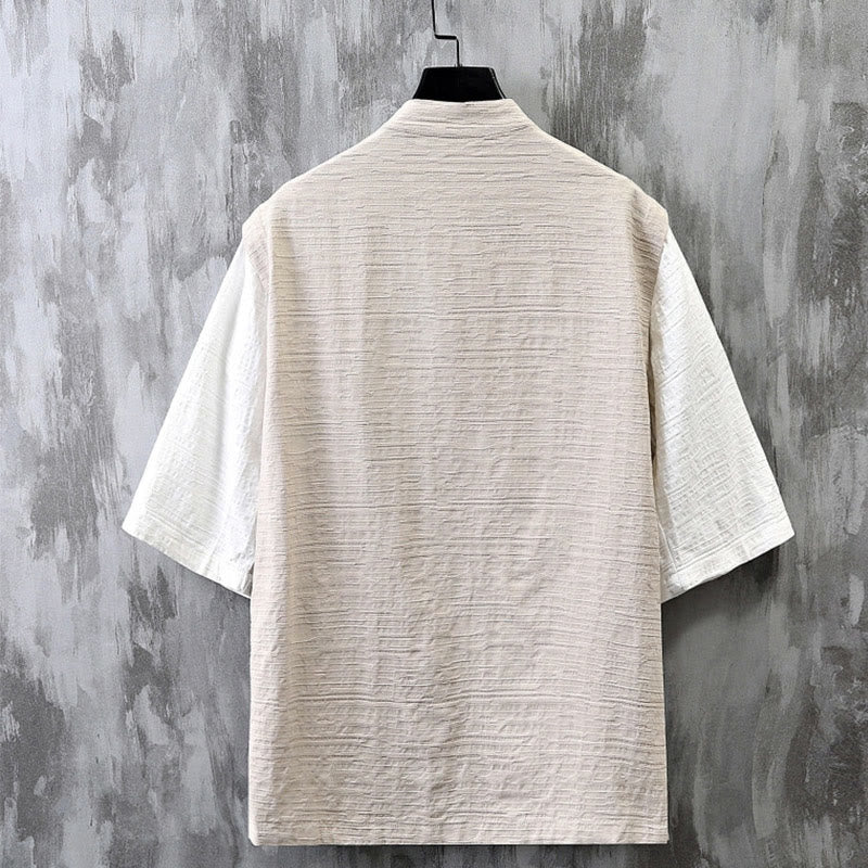 Buddha Stones Summer Patchwork Color Design Men's Half Sleeve Cotton Linen Shirt - image 2