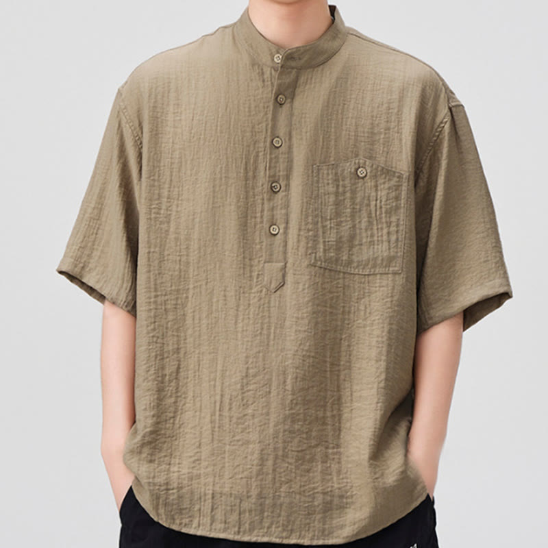 Buddha Stones Summer Plain Half Buttons Design Men's Half Sleeve Shirt - Tan - US/UK/AU44，EU54 (4XL) - image 7