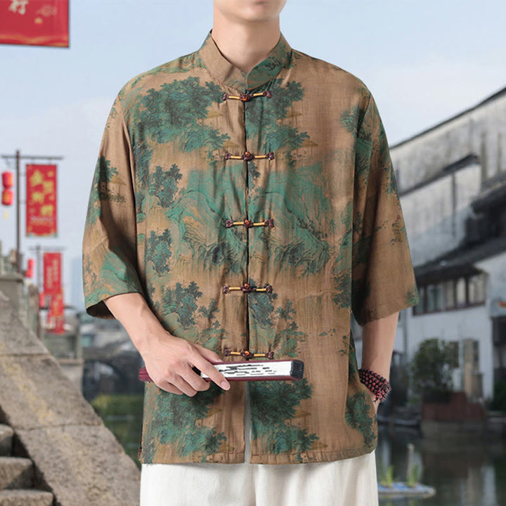 Buddha Stones Dragon Auspicious Clouds Green Mountains Chinese Frog-Button Men's Half Sleeve Cotton Linen Shirt - image 7