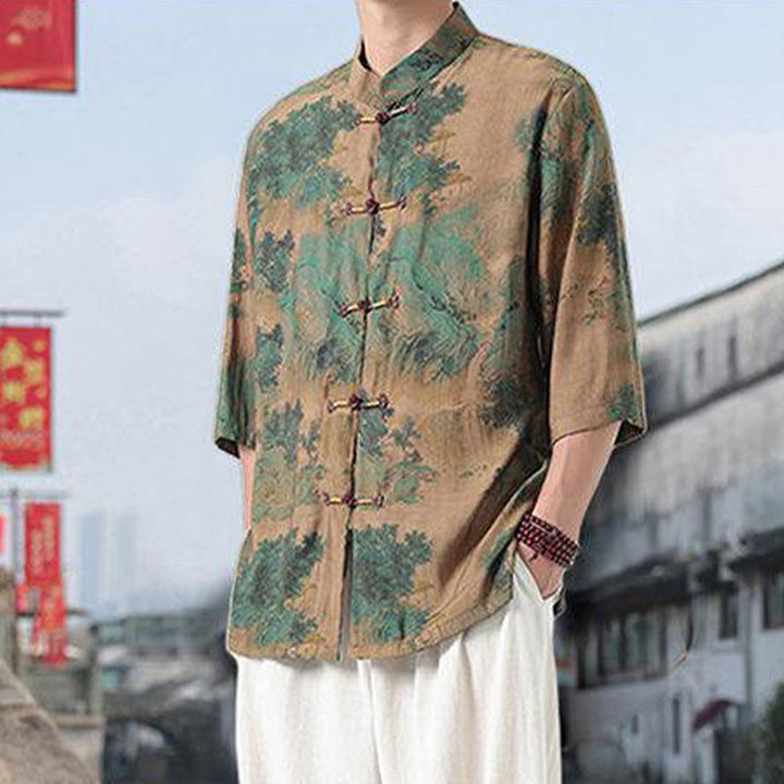 Buddha Stones Dragon Auspicious Clouds Green Mountains Chinese Frog-Button Men's Half Sleeve Cotton Linen Shirt - image 9