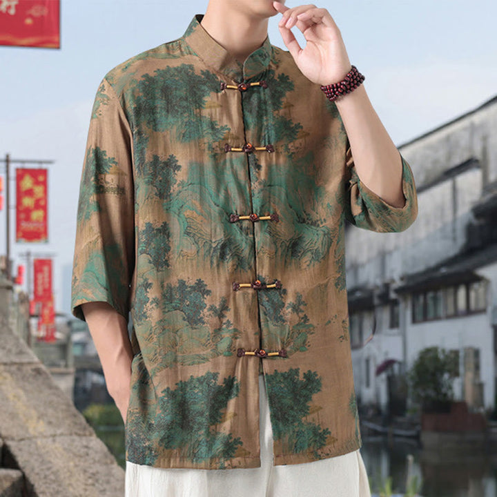 Buddha Stones Dragon Auspicious Clouds Green Mountains Chinese Frog-Button Men's Half Sleeve Cotton Linen Shirt - image 8