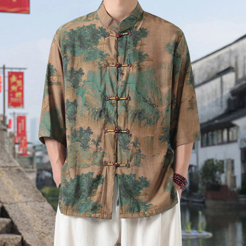 Buddha Stones Dragon Auspicious Clouds Green Mountains Chinese Frog-Button Men's Half Sleeve Cotton Linen Shirt - DarkKhaki - US/UK/AU46，EU56 (5XL) - image 6
