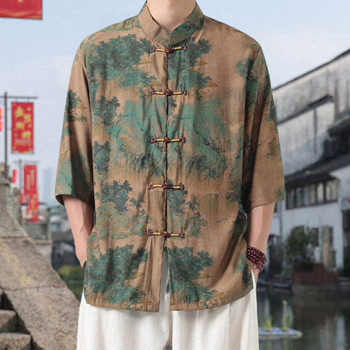Buddha Stones Dragon Auspicious Clouds Green Mountains Chinese Frog-Button Men's Half Sleeve Cotton Linen Shirt - DarkKhaki - US/UK/AU46，EU56 (5XL) - image 6
