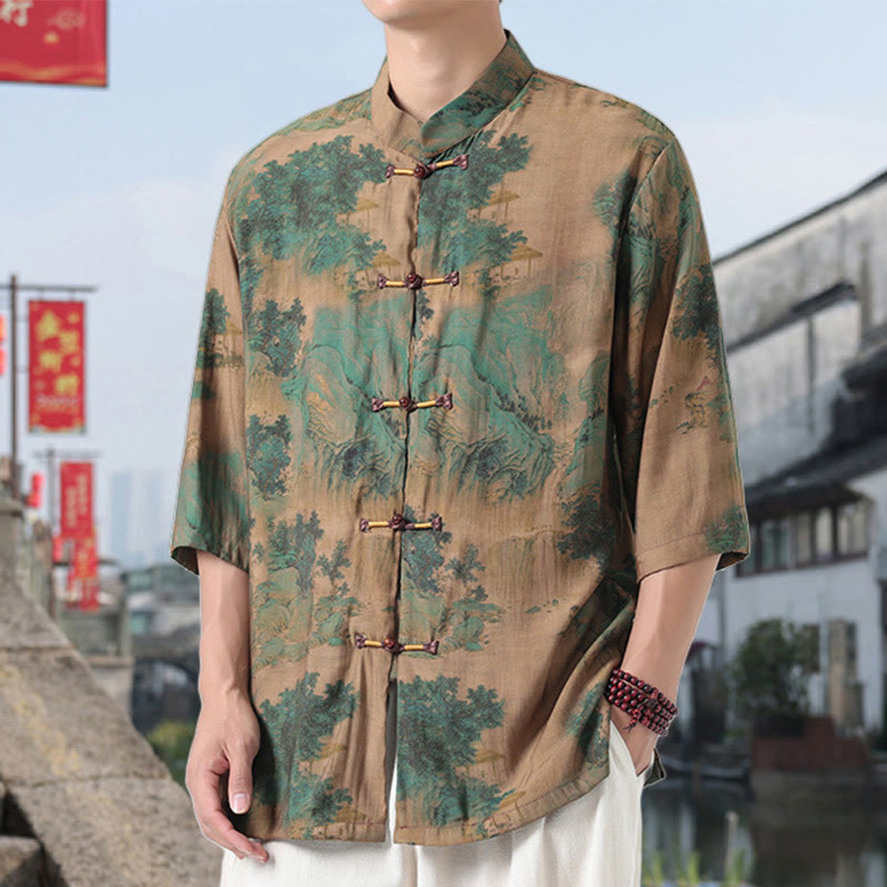 Buddha Stones Dragon Auspicious Clouds Green Mountains Chinese Frog-Button Men's Half Sleeve Cotton Linen Shirt - image 10