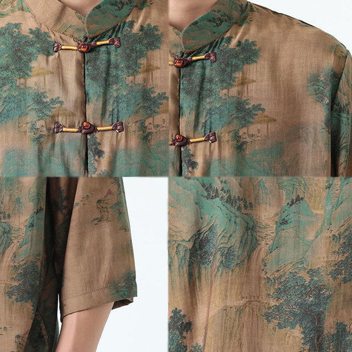 Buddha Stones Dragon Auspicious Clouds Green Mountains Chinese Frog-Button Men's Half Sleeve Cotton Linen Shirt - image 13