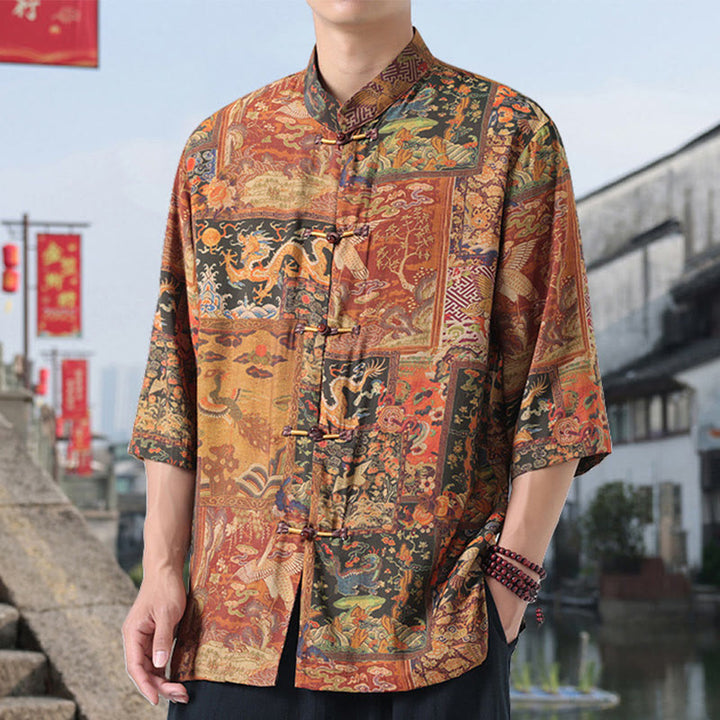 Buddha Stones Dragon Auspicious Clouds Green Mountains Chinese Frog-Button Men's Half Sleeve Cotton Linen Shirt - image 4