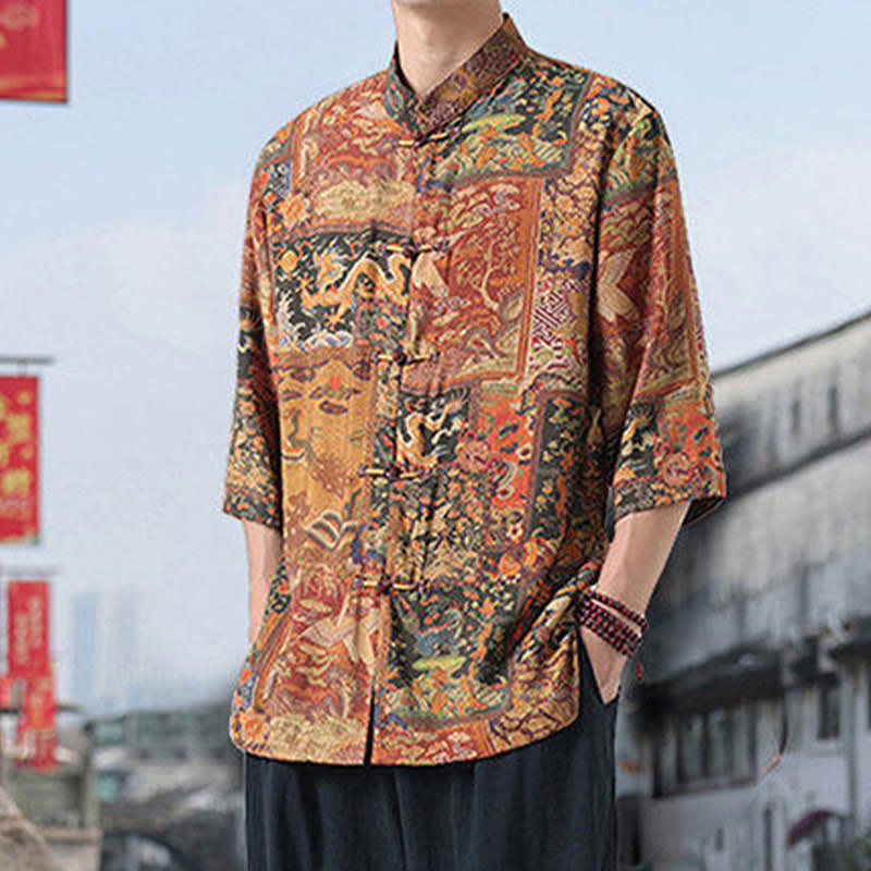 Buddha Stones Dragon Auspicious Clouds Green Mountains Chinese Frog-Button Men's Half Sleeve Cotton Linen Shirt - image 5