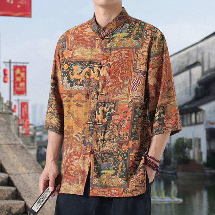 Buddha Stones Dragon Auspicious Clouds Green Mountains Chinese Frog-Button Men's Half Sleeve Cotton Linen Shirt - image 3