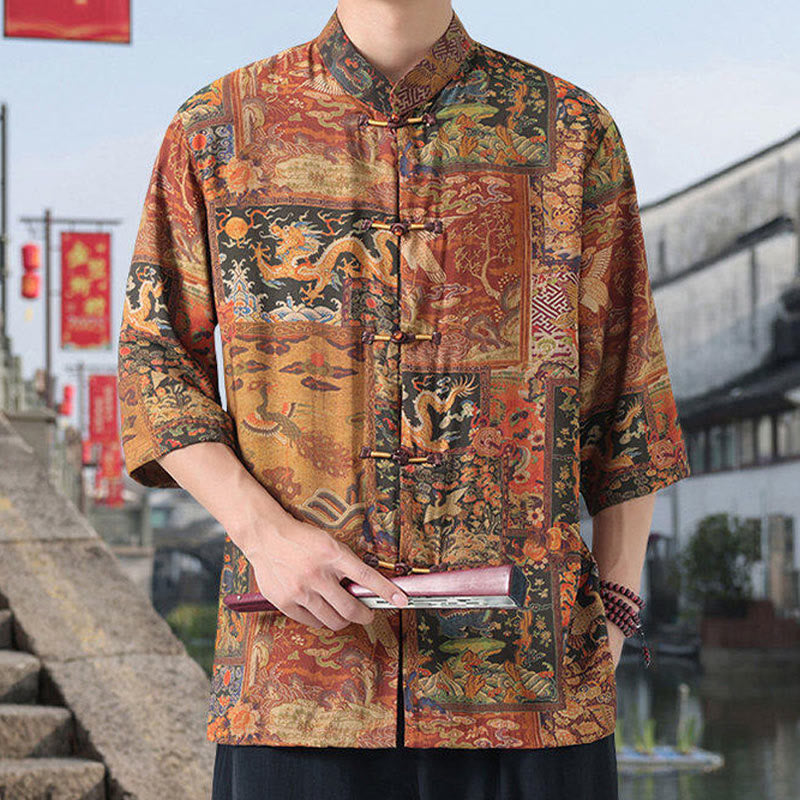 Buddha Stones Dragon Auspicious Clouds Green Mountains Chinese Frog-Button Men's Half Sleeve Cotton Linen Shirt - image 1