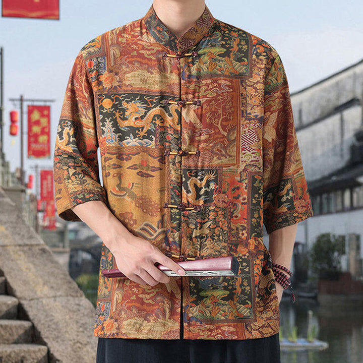 Buddha Stones Dragon Auspicious Clouds Green Mountains Chinese Frog-Button Men's Half Sleeve Cotton Linen Shirt - image 2