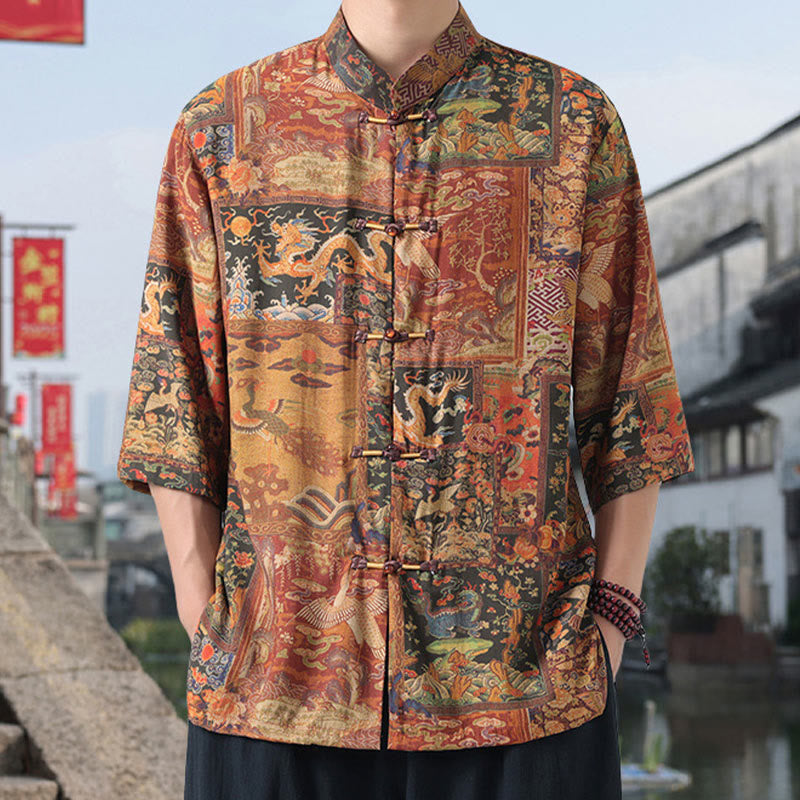 Buddha Stones Dragon Auspicious Clouds Green Mountains Chinese Frog-Button Men's Half Sleeve Cotton Linen Shirt - Goldenrod - US/UK/AU46，EU56 (5XL) - image 1