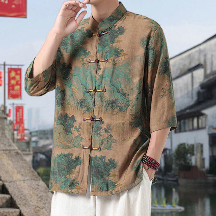 Buddha Stones Dragon Auspicious Clouds Green Mountains Chinese Frog-Button Men's Half Sleeve Cotton Linen Shirt - image 11