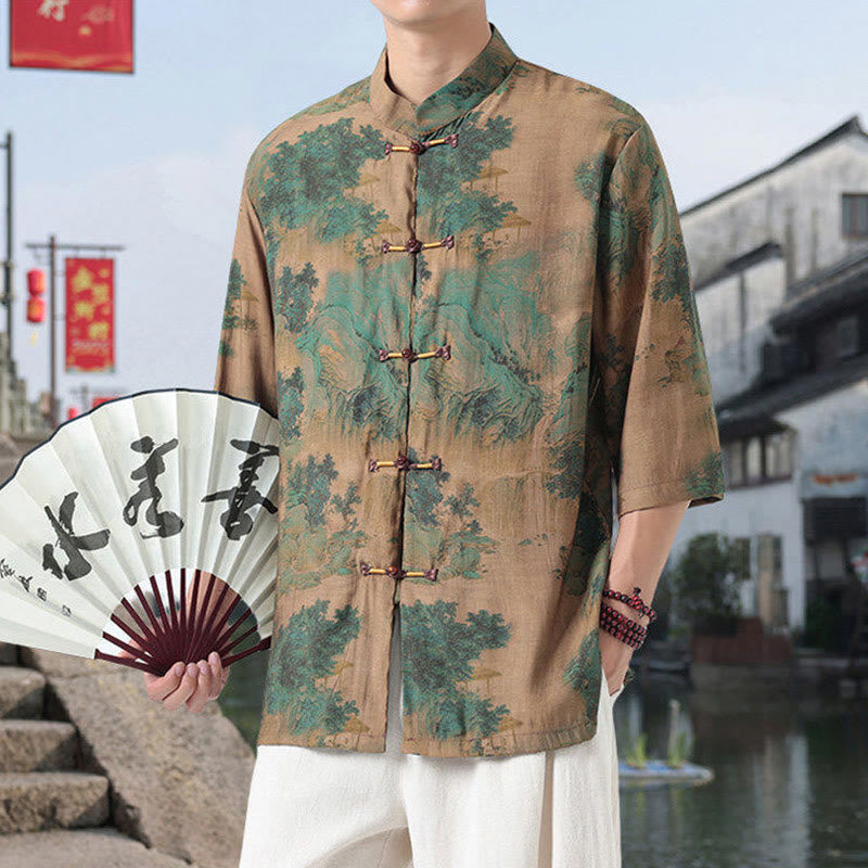 Buddha Stones Dragon Auspicious Clouds Green Mountains Chinese Frog-Button Men's Half Sleeve Cotton Linen Shirt - image 12