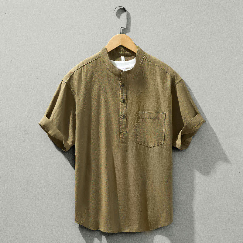 Buddha Stones Summer Solid Men's Half Button Short Sleeve Cotton Shirt - DarkKhaki - US/UK/AU42，EU52 (3XL) - image 27