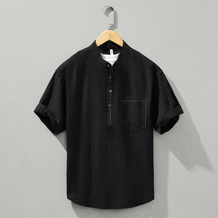 Buddha Stones Summer Solid Men's Half Button Short Sleeve Cotton Shirt - Black - US/UK/AU42，EU52 (3XL) - image 10