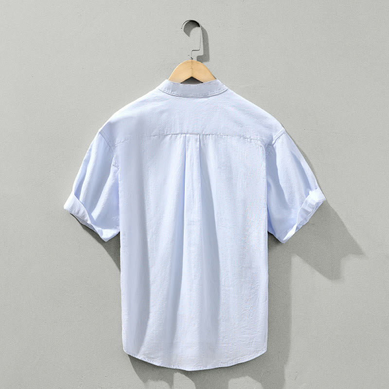 Buddha Stones Summer Solid Men's Half Button Short Sleeve Cotton Shirt - image 2