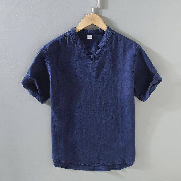 Buddha Stones Summer Solid Design Men's Short Sleeve Linen Shirt - SteelBlue - US/UK/AU42，EU52 (3XL) - image 0