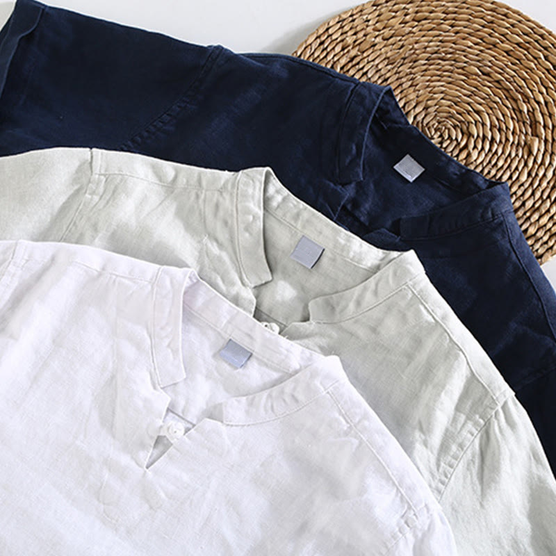 Buddha Stones Summer Solid Design Men's Short Sleeve Linen Shirt - image 10