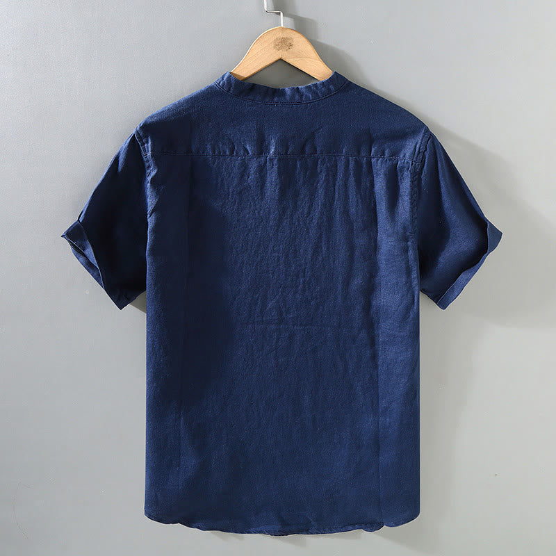 Buddha Stones Summer Solid Design Men's Short Sleeve Linen Shirt - image 1