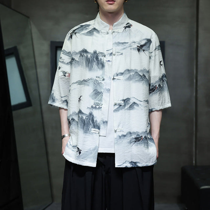 Buddha Stones Ink Painting Mountains Chinese Frog-Button Tang Suit Men's Half Sleeve Cotton Linen Shirt - White - US/UK/AU46，EU56 (5XL) - image 0