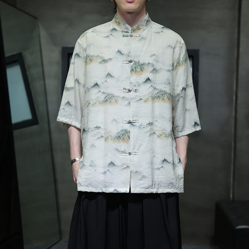 Buddha Stones Ink Painting Mountains Chinese Frog-Button Tang Suit Men's Half Sleeve Cotton Linen Shirt - Linen - US/UK/AU46，EU56 (5XL) - image 14