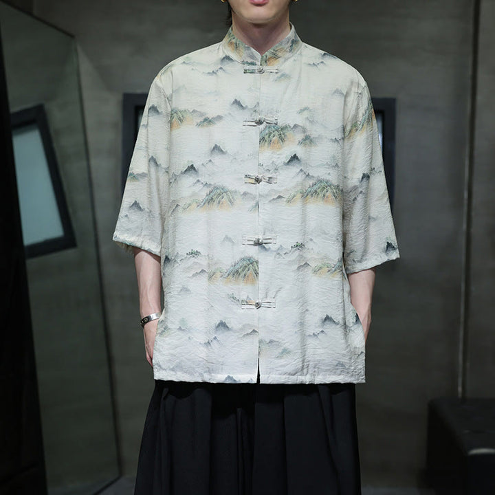 Buddha Stones Ink Painting Mountains Chinese Frog-Button Tang Suit Men's Half Sleeve Cotton Linen Shirt - Linen - US/UK/AU46，EU56 (5XL) - image 14