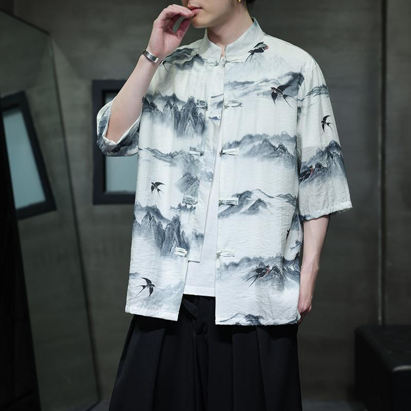 Buddha Stones Ink Painting Mountains Chinese Frog-Button Tang Suit Men's Half Sleeve Cotton Linen Shirt - image 9