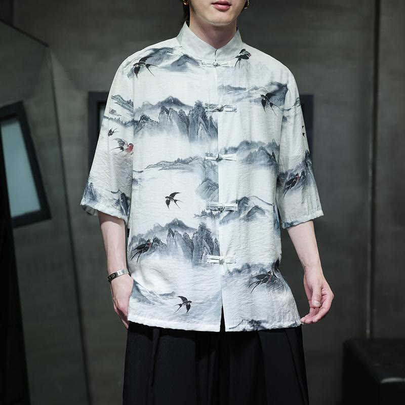 Buddha Stones Ink Painting Mountains Chinese Frog-Button Tang Suit Men's Half Sleeve Cotton Linen Shirt - image 2