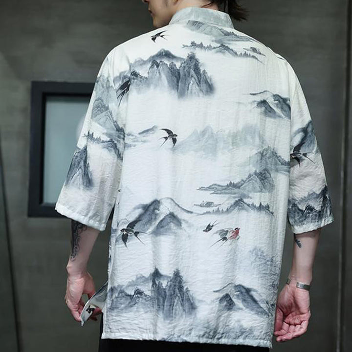 Buddha Stones Ink Painting Mountains Chinese Frog-Button Tang Suit Men's Half Sleeve Cotton Linen Shirt - image 3