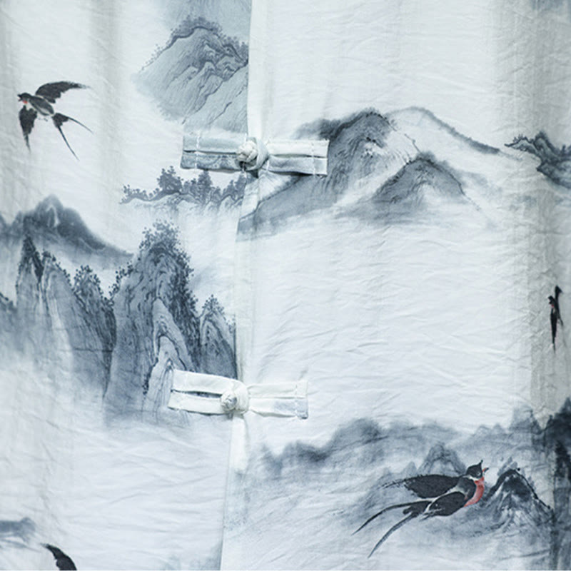 Buddha Stones Ink Painting Mountains Chinese Frog-Button Tang Suit Men's Half Sleeve Cotton Linen Shirt - image 13