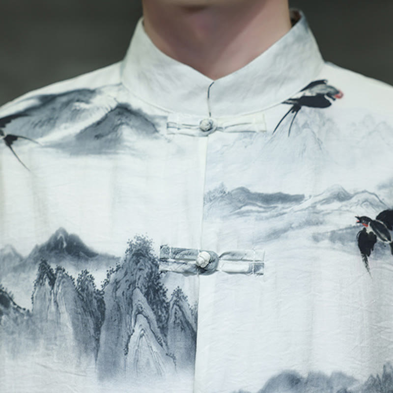 Buddha Stones Ink Painting Mountains Chinese Frog-Button Tang Suit Men's Half Sleeve Cotton Linen Shirt - image 11
