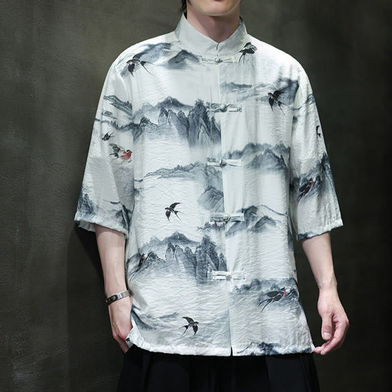 Buddha Stones Ink Painting Mountains Chinese Frog-Button Tang Suit Men's Half Sleeve Cotton Linen Shirt - image 6