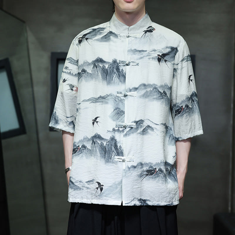 Buddha Stones Ink Painting Mountains Chinese Frog-Button Tang Suit Men's Half Sleeve Cotton Linen Shirt - image 8