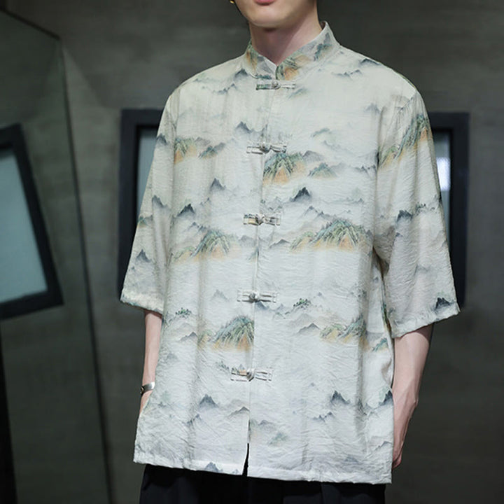 Buddha Stones Ink Painting Mountains Chinese Frog-Button Tang Suit Men's Half Sleeve Cotton Linen Shirt - image 17