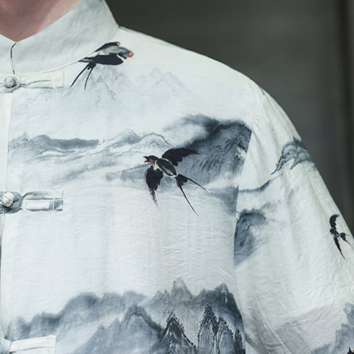 Buddha Stones Ink Painting Mountains Chinese Frog-Button Tang Suit Men's Half Sleeve Cotton Linen Shirt - image 12