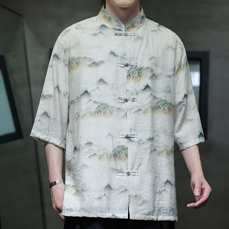 Buddha Stones Ink Painting Mountains Chinese Frog-Button Tang Suit Men's Half Sleeve Cotton Linen Shirt - image 16
