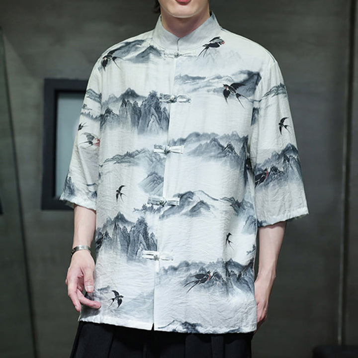Buddha Stones Ink Painting Mountains Chinese Frog-Button Tang Suit Men's Half Sleeve Cotton Linen Shirt - image 4
