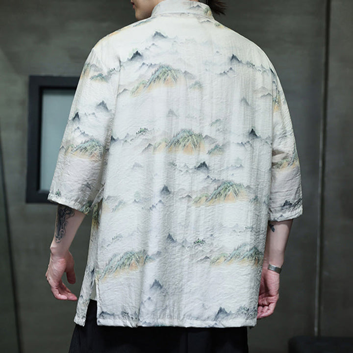 Buddha Stones Ink Painting Mountains Chinese Frog-Button Tang Suit Men's Half Sleeve Cotton Linen Shirt - image 15