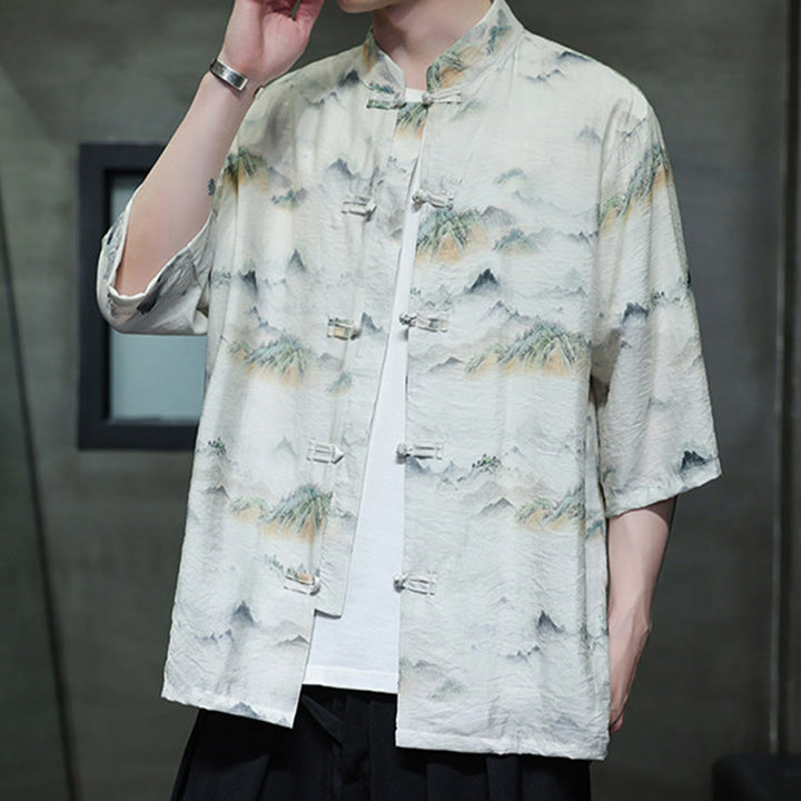 Buddha Stones Ink Painting Mountains Chinese Frog-Button Tang Suit Men's Half Sleeve Cotton Linen Shirt - image 18