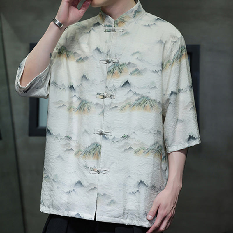Buddha Stones Ink Painting Mountains Chinese Frog-Button Tang Suit Men's Half Sleeve Cotton Linen Shirt - image 19