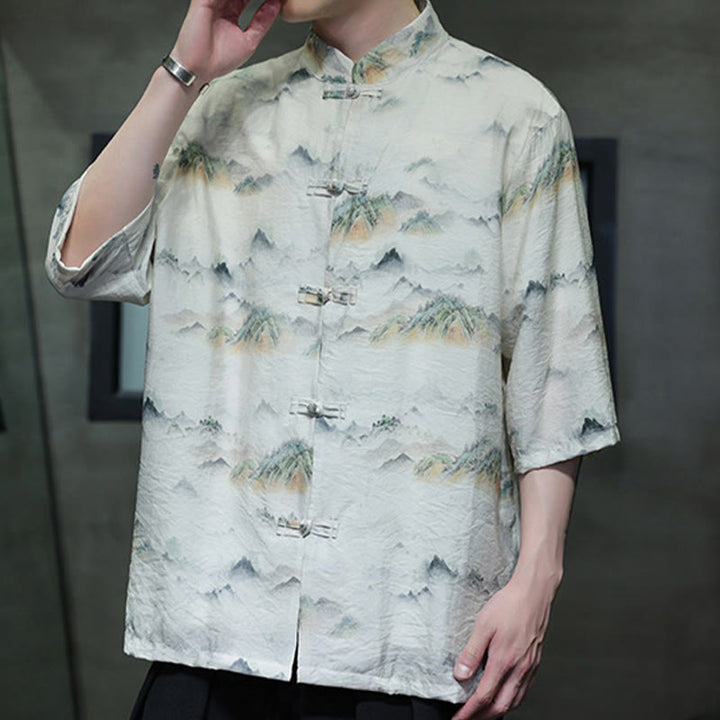 Buddha Stones Ink Painting Mountains Chinese Frog-Button Tang Suit Men's Half Sleeve Cotton Linen Shirt - image 19