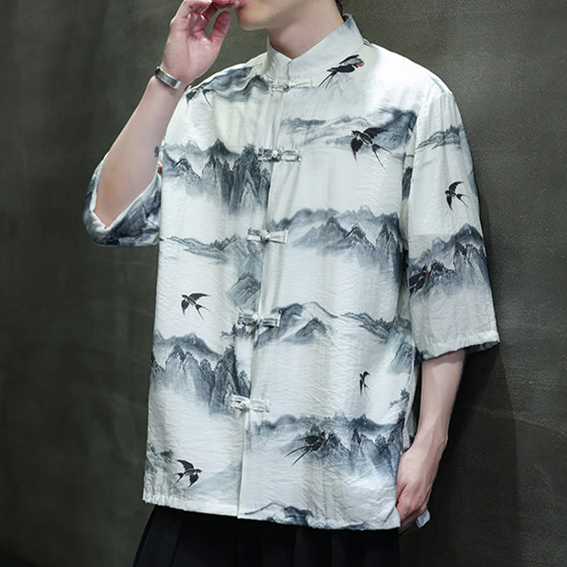 Buddha Stones Ink Painting Mountains Chinese Frog-Button Tang Suit Men's Half Sleeve Cotton Linen Shirt - image 7