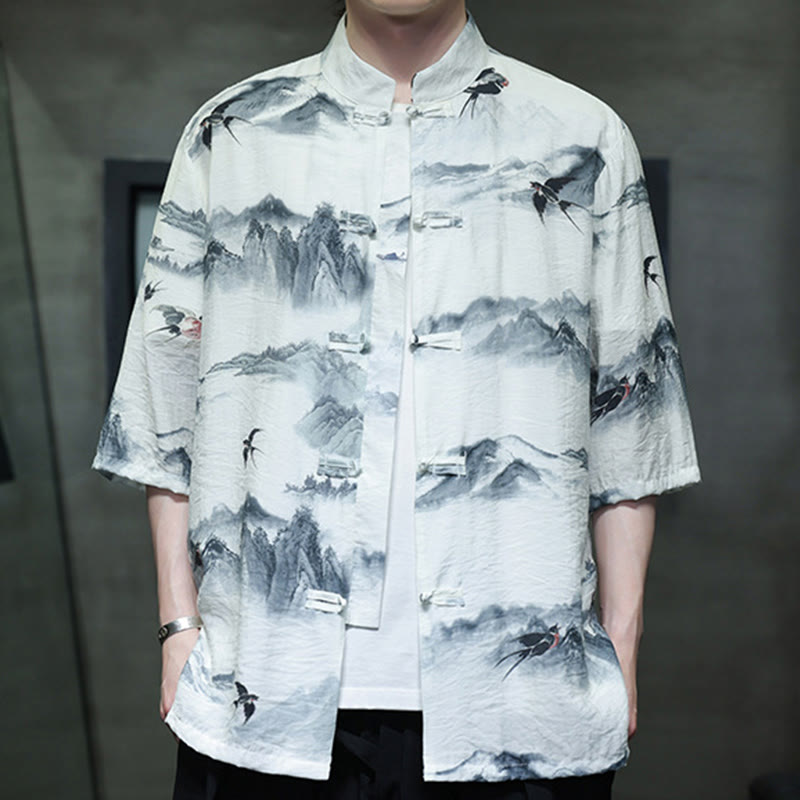 Buddha Stones Ink Painting Mountains Chinese Frog-Button Tang Suit Men's Half Sleeve Cotton Linen Shirt - image 10