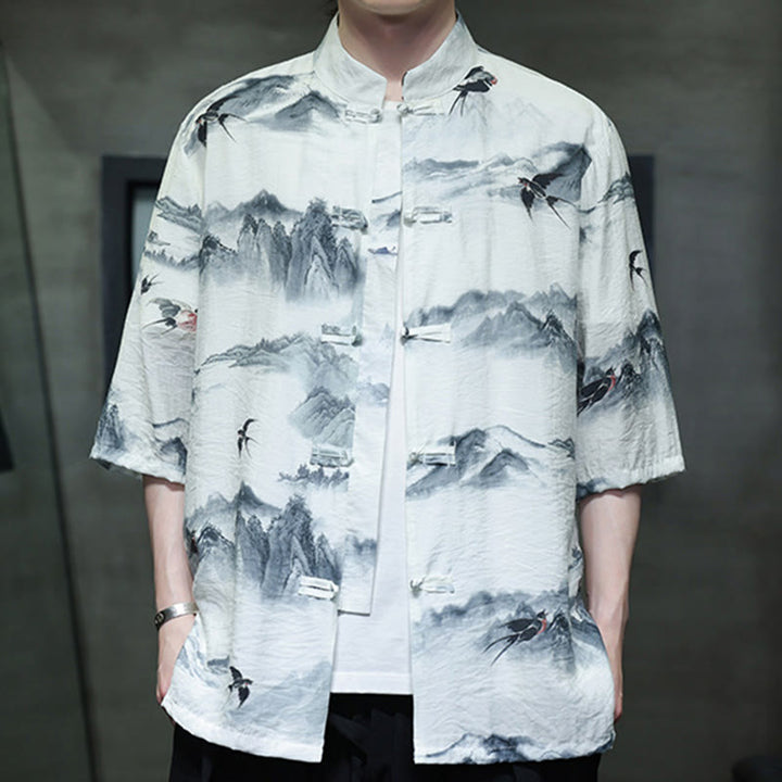 Buddha Stones Ink Painting Mountains Chinese Frog-Button Tang Suit Men's Half Sleeve Cotton Linen Shirt - image 10