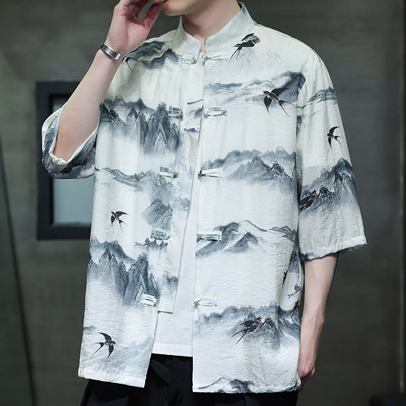 Buddha Stones Ink Painting Mountains Chinese Frog-Button Tang Suit Men's Half Sleeve Cotton Linen Shirt - image 4