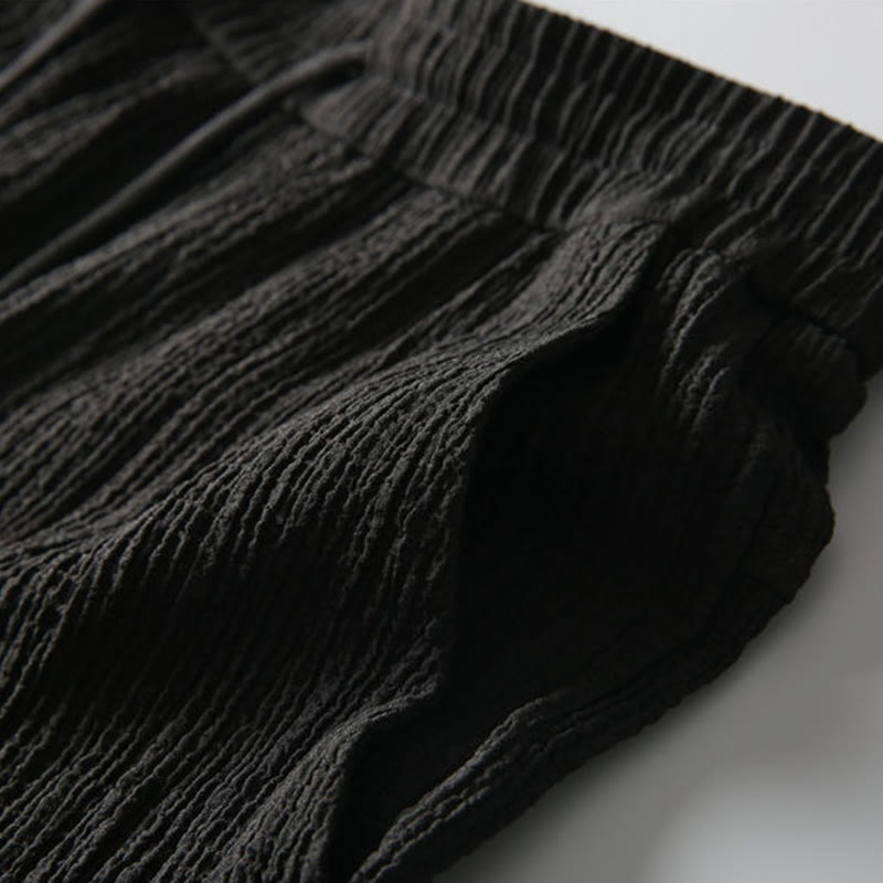 Buddha Stones 2Pcs Solid Color Wrinkle V-Neck Short Sleeve T-shirt Pants Clothing Men's Set - image 4