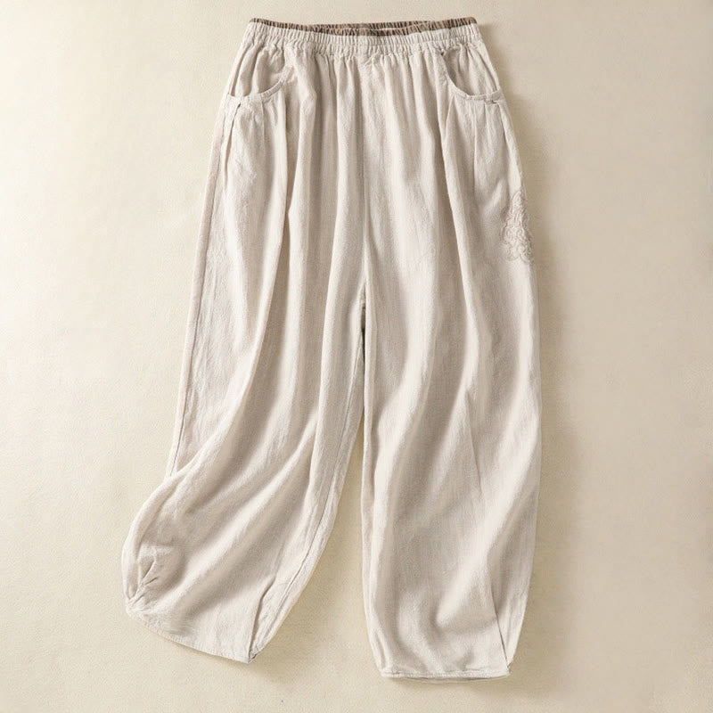 Buddha Stones Vintage Commute Solid Color Simple Design 7-8 Length High Waist Women's Harem Cotton Linen Pants With Pockets - Beige - US8-10，UK/AU12-14，EU40-42 (2XL) - image 1