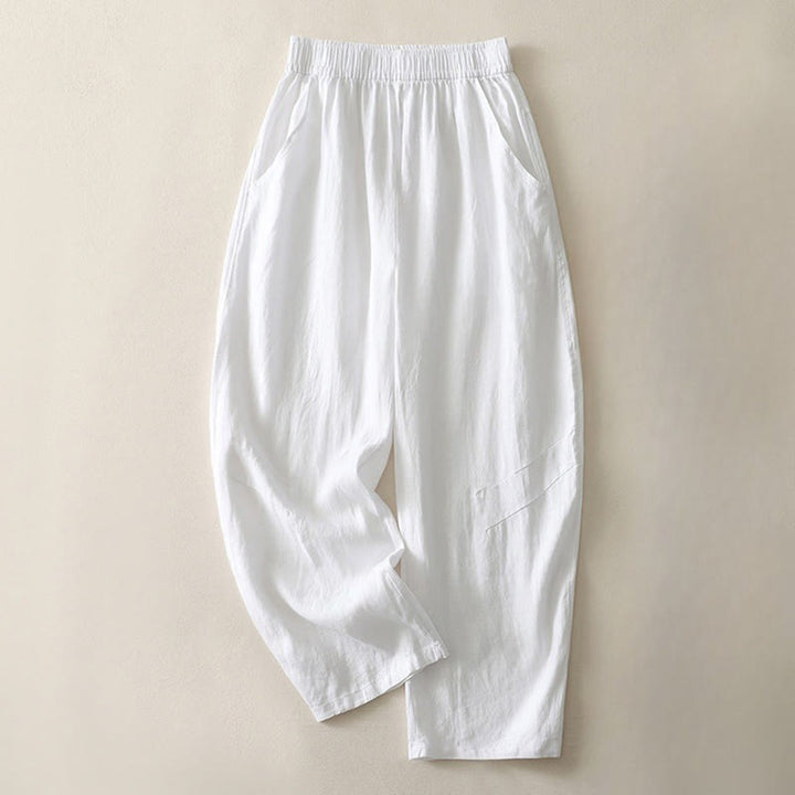 Buddha Stones Summer Daily Solid Color Elastic Waistband Design Women's Wide Leg Cotton Linen Pants With Pockets - image 13